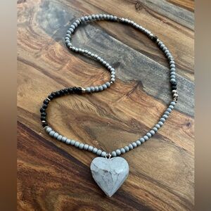 Heart Pendant Beaded Necklace - Gray
